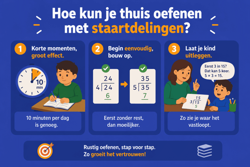 Infographic met eenvoudige tips om thuis te oefenen met staartdelingen, zoals kort oefenen, rustig opbouwen en hardop uitleggen.