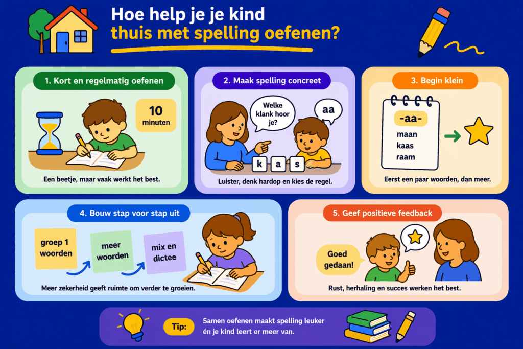 Educatieve illustratie die laat zien hoe ouders hun kind thuis kunnen helpen met spelling oefenen, met aandacht voor korte oefenmomenten, spellingregels hardop bespreken, klein beginnen en positieve feedback geven.