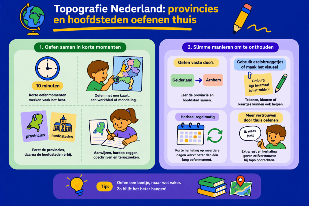 Educatieve illustratie die laat zien hoe kinderen thuis de provincies en hoofdsteden van Nederland kunnen oefenen met korte oefenmomenten, kaartgebruik, herhaling en slimme manieren om namen beter te onthouden.