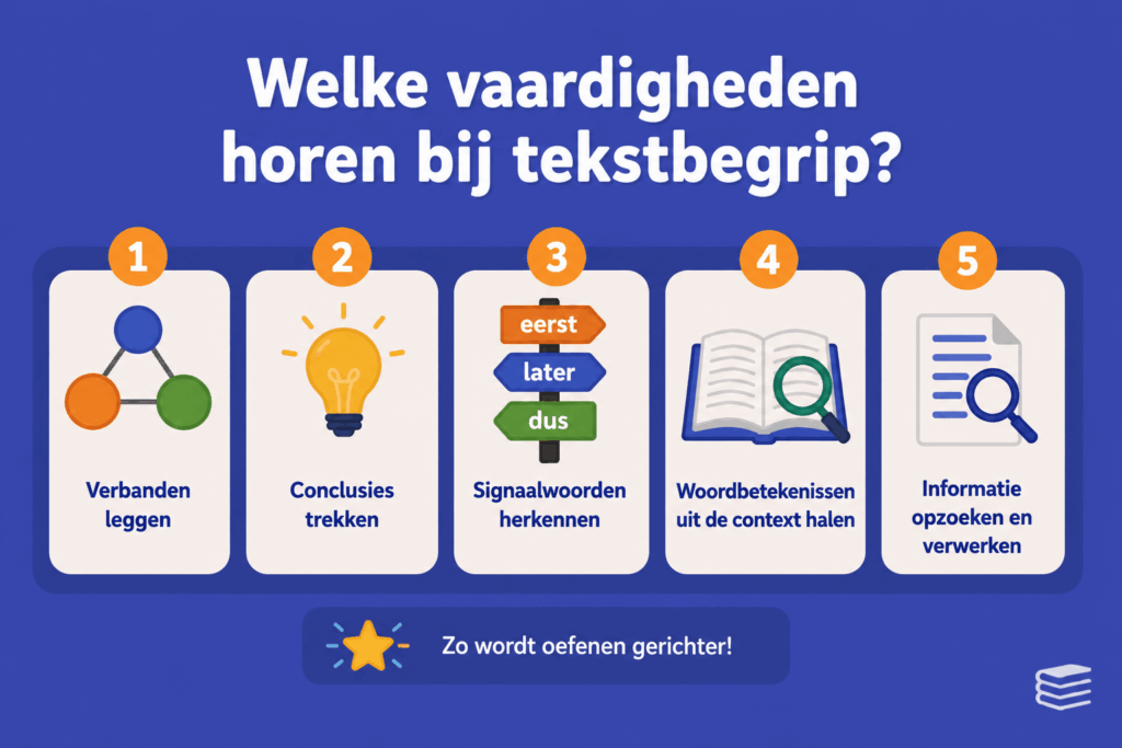 Infographic met vijf belangrijke vaardigheden voor tekstbegrip, zoals verbanden leggen, conclusies trekken en signaalwoorden herkennen.