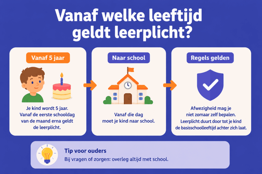Duidelijke infographic over leerplicht in Nederland met uitleg dat kinderen vanaf 5 jaar leerplichtig zijn vanaf de eerste schooldag van de volgende maand.