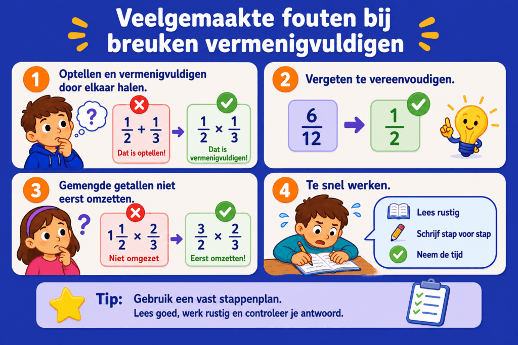 Eenvoudige educatieve illustratie die laat zien welke fouten kinderen vaak maken bij breuken vermenigvuldigen, zoals optellen en vermenigvuldigen door elkaar halen, vergeten te vereenvoudigen en gemengde getallen niet eerst omzetten.