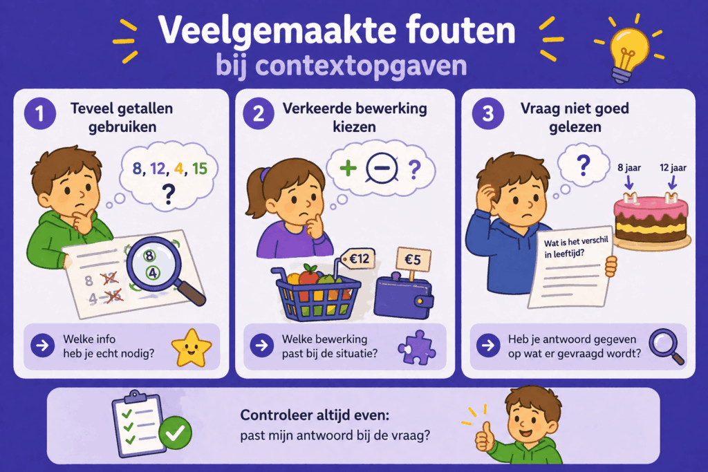 Infographic in paarse stijl met illustraties die laten zien welke fouten kinderen maken bij contextopgaven zoals te veel getallen gebruiken, verkeerde bewerking kiezen en de vraag niet goed lezen