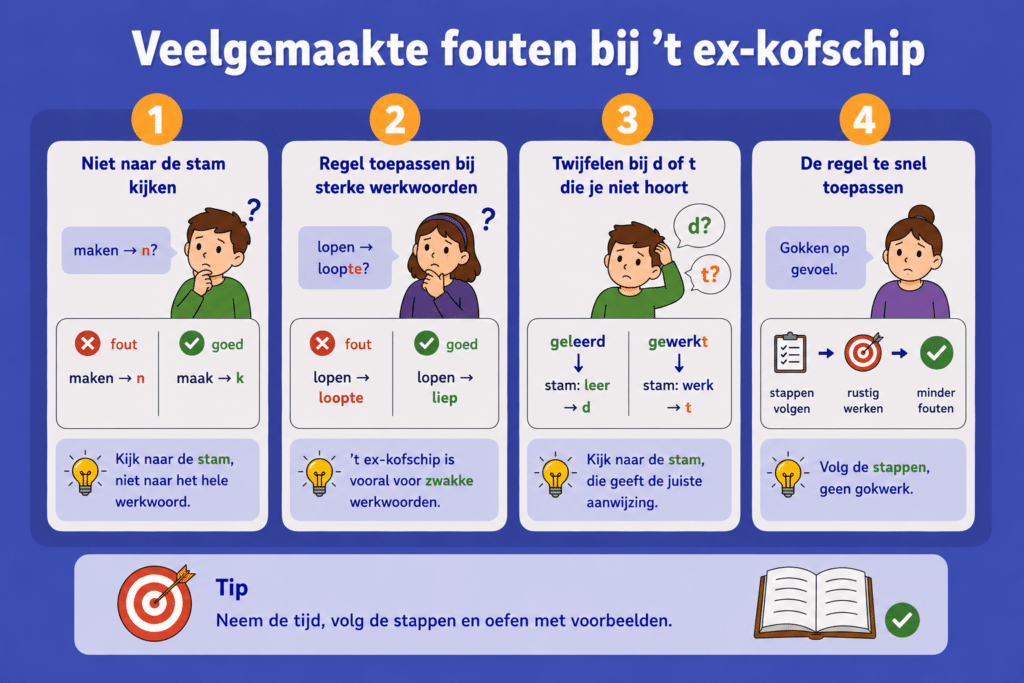 Eenvoudige educatieve illustratie die veelgemaakte fouten bij ’t ex-kofschip uitlegt, zoals niet naar de stam kijken, de regel toepassen bij sterke werkwoorden en twijfelen tussen d en t.