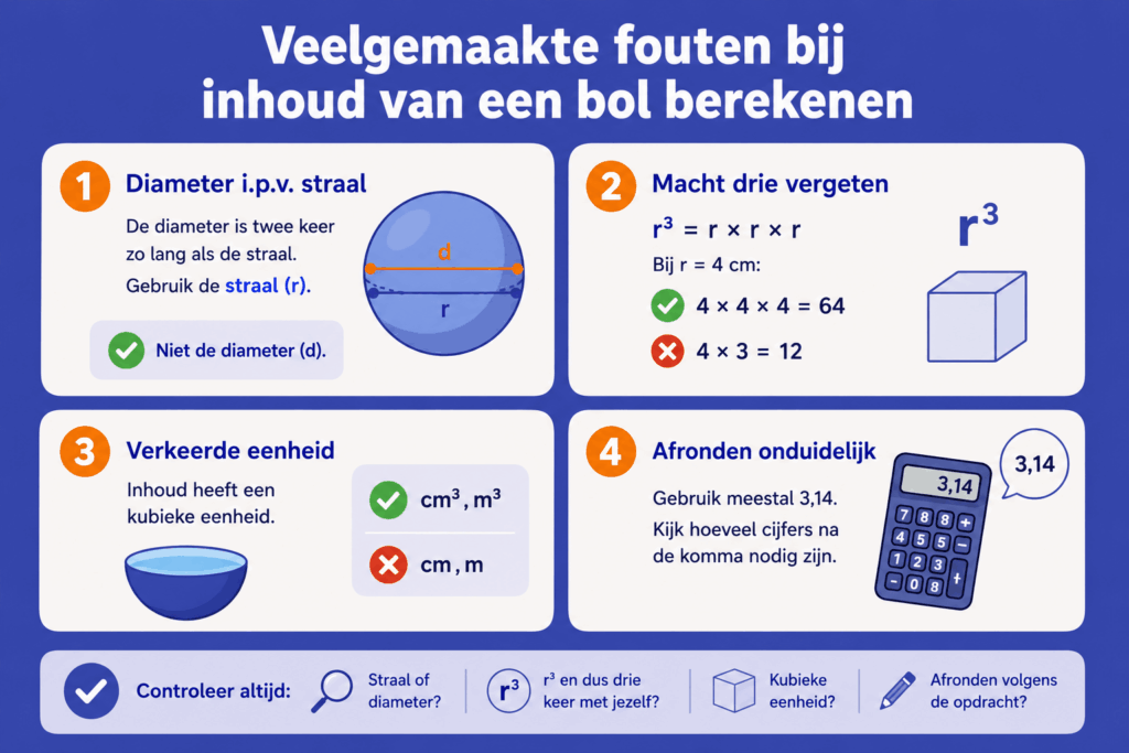 Eenvoudige educatieve illustratie die laat zien welke fouten kinderen vaak maken bij het berekenen van de inhoud van een bol, zoals diameter en straal verwarren, de macht drie vergeten en verkeerde eenheden gebruiken.