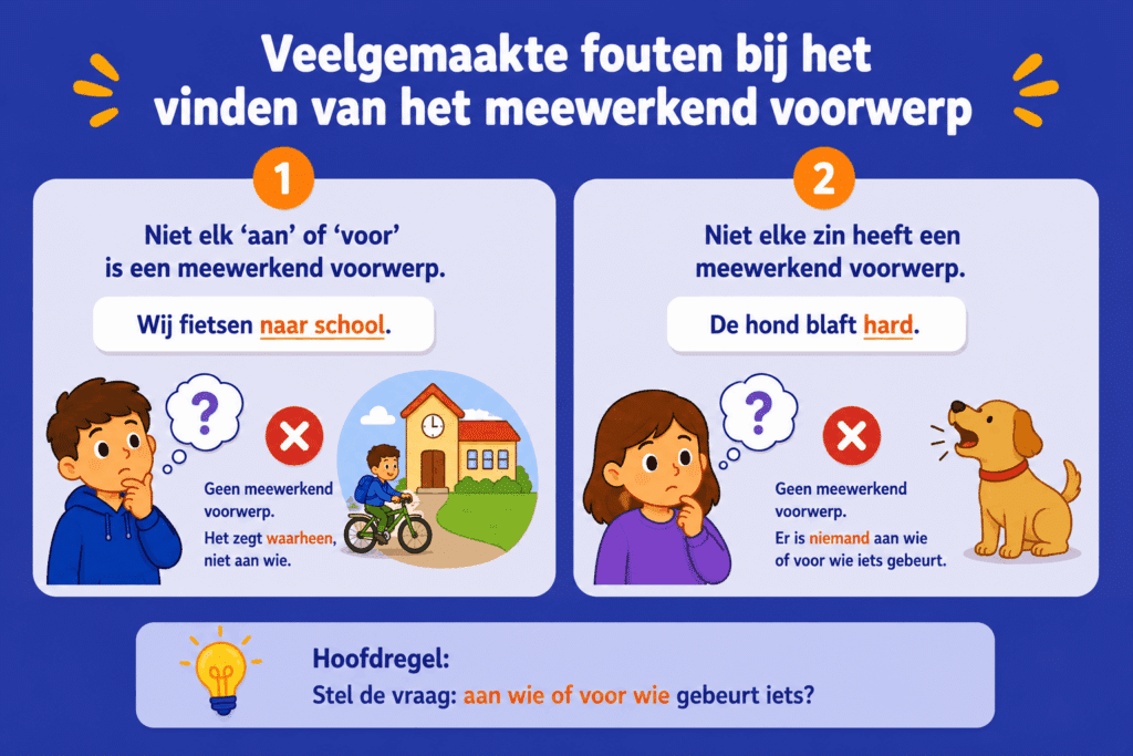 Eenvoudige educatieve illustratie voor kinderen die laat zien dat niet elke zin een meewerkend voorwerp heeft, met voorbeelden zoals “Wij fietsen naar school” en “De hond blaft hard”.