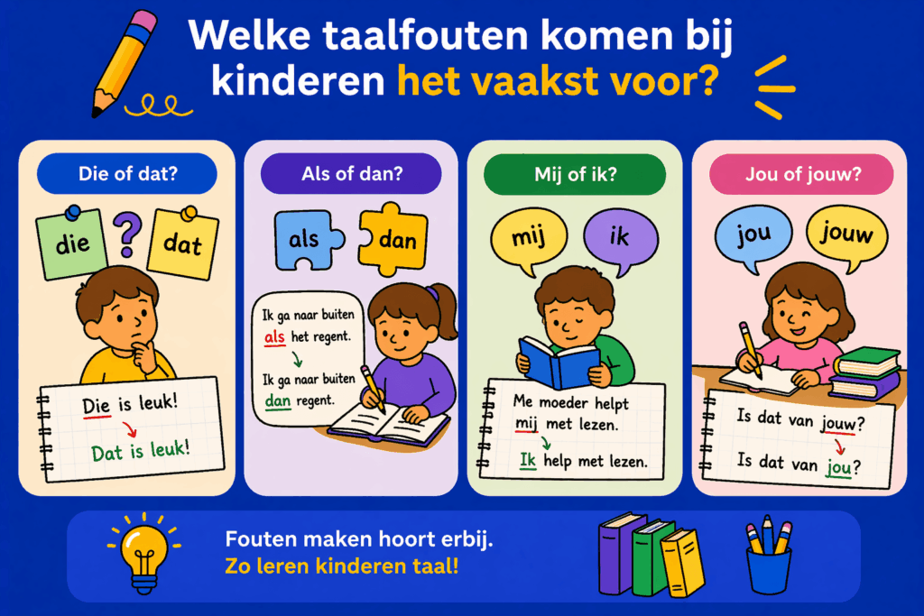 Infographic met voorbeelden van veelgemaakte taalfouten bij kinderen zoals die of dat, als of dan, mij of ik en jou of jouw en uitleg dat fouten maken helpt bij taalontwikkeling