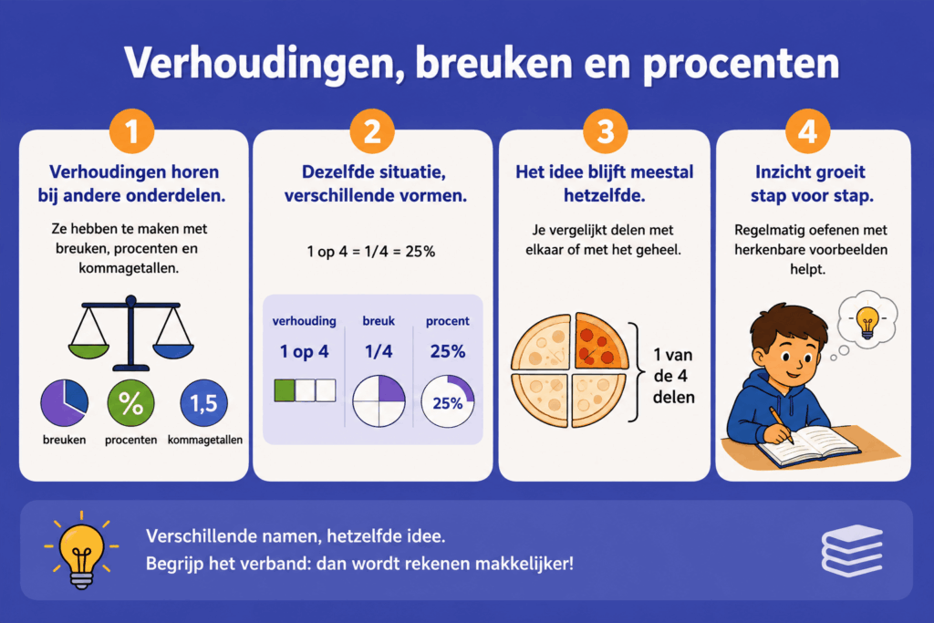 Eenvoudige educatieve illustratie die laat zien hoe verhoudingen, breuken en procenten met elkaar verbonden zijn, met voorbeelden zoals 1 op 4, 1/4 en 25 procent en visuele uitleg met pizza en cirkeldiagrammen.