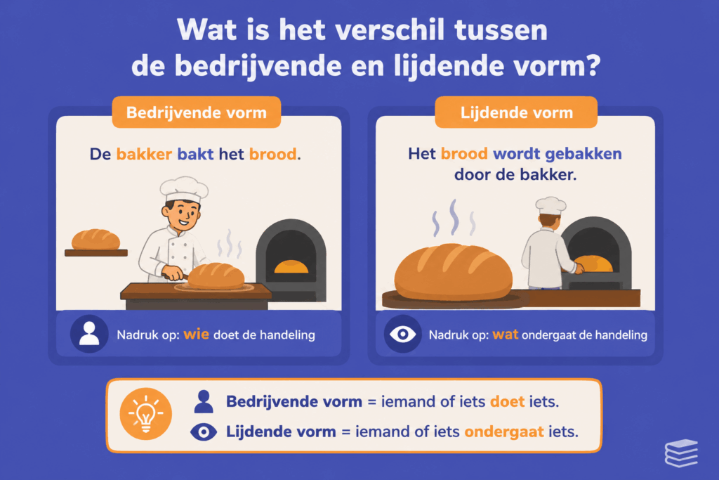 Illustratie die het verschil laat zien tussen de bedrijvende en lijdende vorm met voorbeelden van een bakker die brood bakt en brood dat wordt gebakken door de bakker.