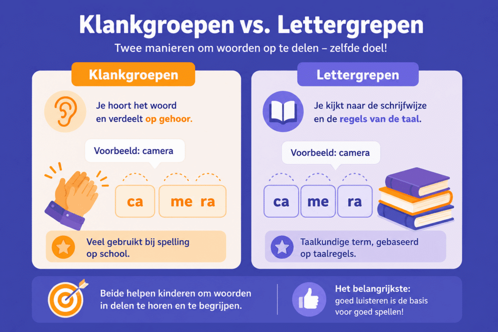 Educatieve infographic voor kinderen waarin het verschil tussen klankgroepen en lettergrepen wordt uitgelegd met voorbeelden, pictogrammen en woordverdeling van het woord “camera”.