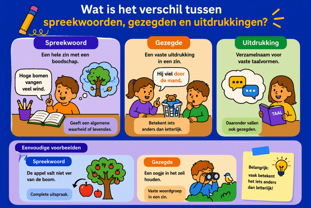 Infographic met voorbeelden van spreekwoorden en gezegden, waarbij kinderen leren dat sommige zinnen figuurlijk bedoeld zijn en niet letterlijk genomen moeten worden