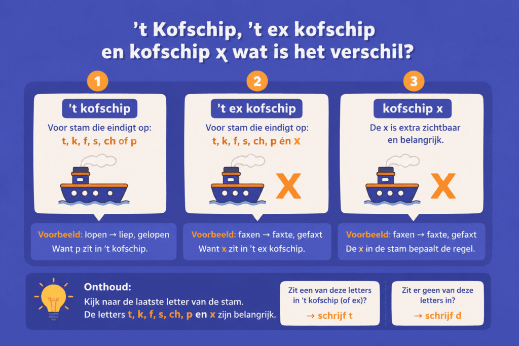 Illustratie die stap voor stap uitlegt wat het verschil is tussen ’t kofschip, ’t ex kofschip en kofschip x bij werkwoordspelling. De afbeelding laat zien welke letters belangrijk zijn voor het schrijven van d of t, met voorbeelden zoals faxen, faxte en gefaxt.