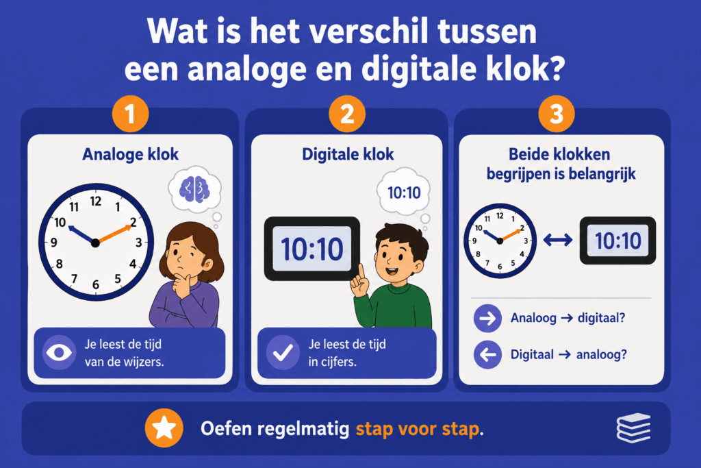Infographic over het verschil tussen een analoge en digitale klok met eenvoudige klokillustraties en uitleg voor kinderen.
