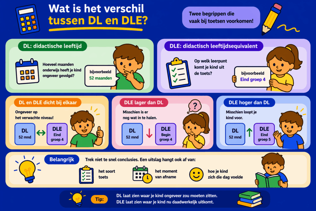 Educatieve illustratie die op een eenvoudige manier het verschil laat zien tussen DL en DLE, met uitleg over didactische leeftijd, toetsscore en het vergelijken van verwacht en werkelijk niveau.