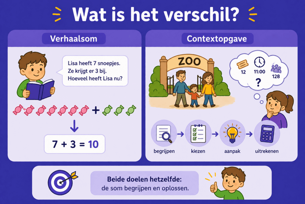 Infographic in paarse stijl met illustraties die het verschil laten zien tussen een eenvoudige verhaalsom en een contextopgave met een realistische situatie en stappen om de som op te lossen