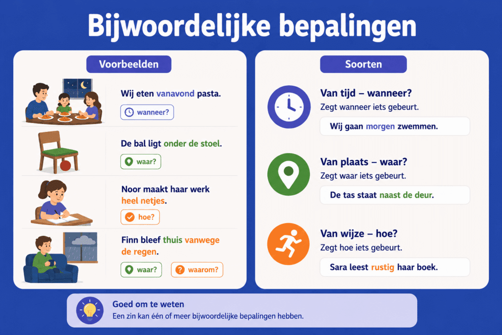 Rustige infographic met voorbeelden van bijwoordelijke bepalingen van tijd, plaats en wijze, ondersteund met eenvoudige zinnen en duidelijke pictogrammen.