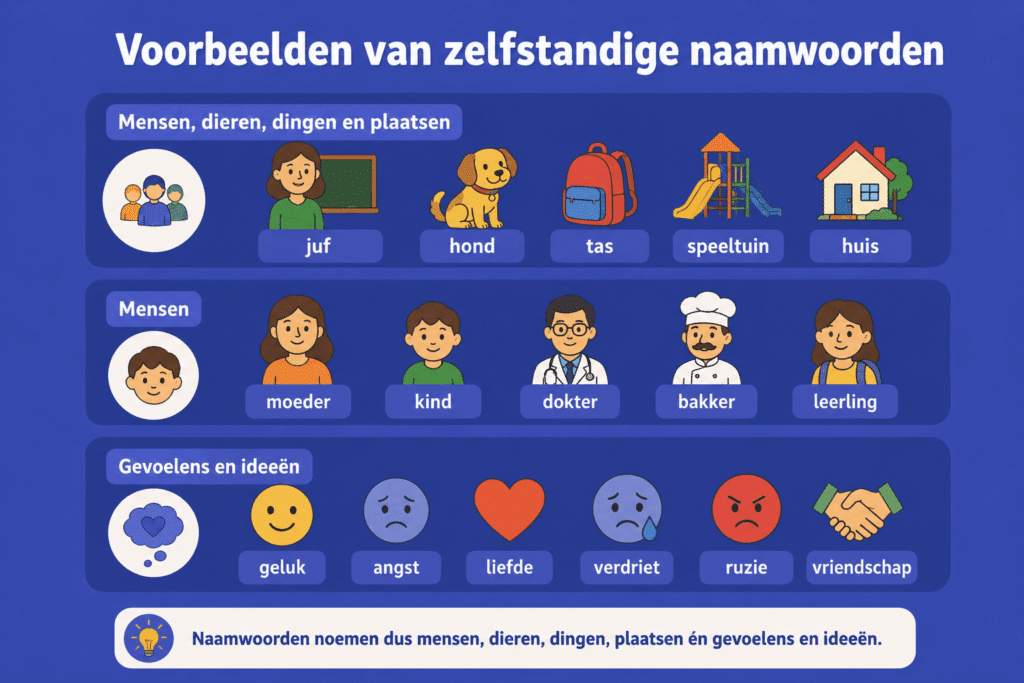 Educatieve illustratie met voorbeelden van zelfstandige naamwoorden zoals mensen, dieren, dingen, plaatsen en gevoelens. De afbeelding toont woorden zoals juf, hond, tas, speeltuin, moeder, dokter, geluk en vriendschap om duidelijk te maken wat zelfstandige naamwoorden zijn.