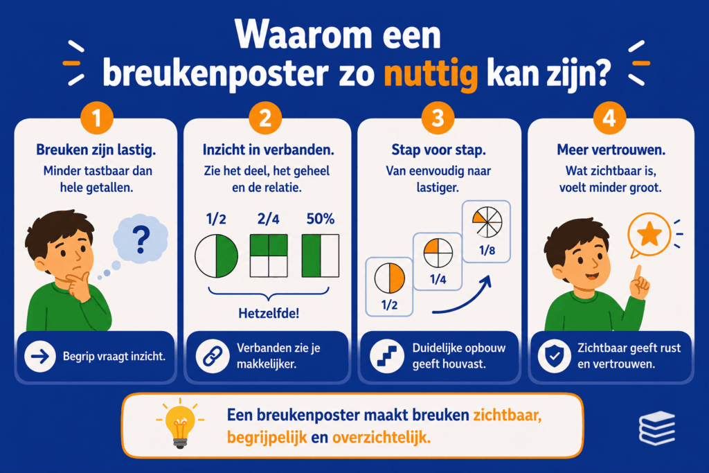 Infographic over waarom een breukenposter nuttig kan zijn, met eenvoudige voorbeelden van breuken, percentages en visuele ondersteuning bij rekenen.