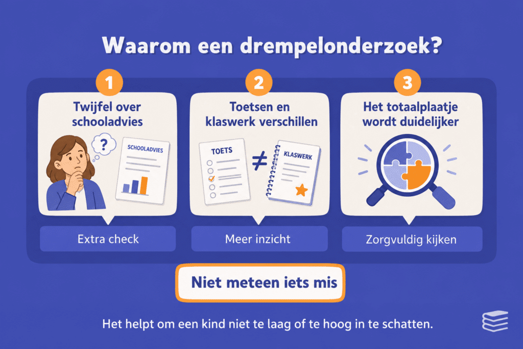 Infographic die uitlegt dat een drempelonderzoek kan helpen bij twijfel over het schooladvies, verschillen tussen toetsen en klaswerk, en een duidelijker totaalbeeld van het kind.