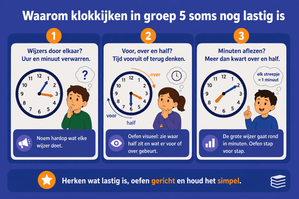 Infographic over waarom klokkijken in groep 5 soms lastig blijft. De afbeelding laat met eenvoudige klokillustraties zien dat kinderen moeite kunnen hebben met de kleine en grote wijzer, met voor, over en half en met minuten aflezen. De infographic benadrukt dat rustig en gericht oefenen helpt.