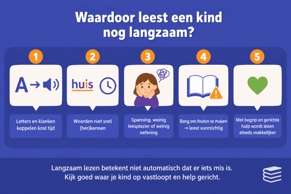 Infographic over waarom een kind nog langzaam leest, met eenvoudige uitleg over letters en klanken koppelen, woorden herkennen, spanning en voorzichtig lezen.