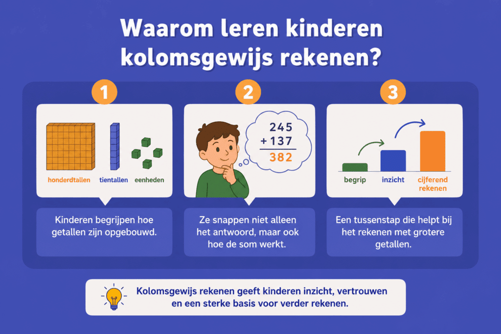 Eenvoudige educatieve illustratie die uitlegt waarom kinderen kolomsgewijs rekenen leren, met voorbeelden van honderdtallen, tientallen en eenheden, inzicht in sommen en de stap naar cijferend rekenen.