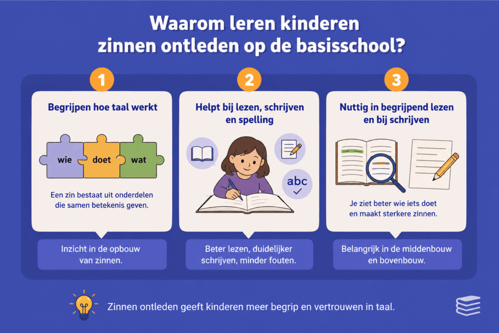 Eenvoudige educatieve illustratie die uitlegt waarom kinderen leren zinnen ontleden, met voorbeelden van taalbegrip, lezen, schrijven en spelling en hoe zinsdelen samen betekenis geven.