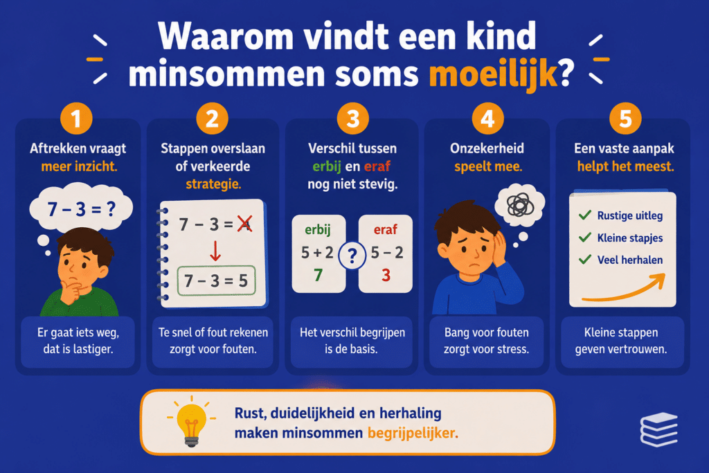Infographic over waarom kinderen minsommen soms moeilijk vinden, met uitleg over aftrekken, fouten maken, onzekerheid en oefenen in kleine stappen.