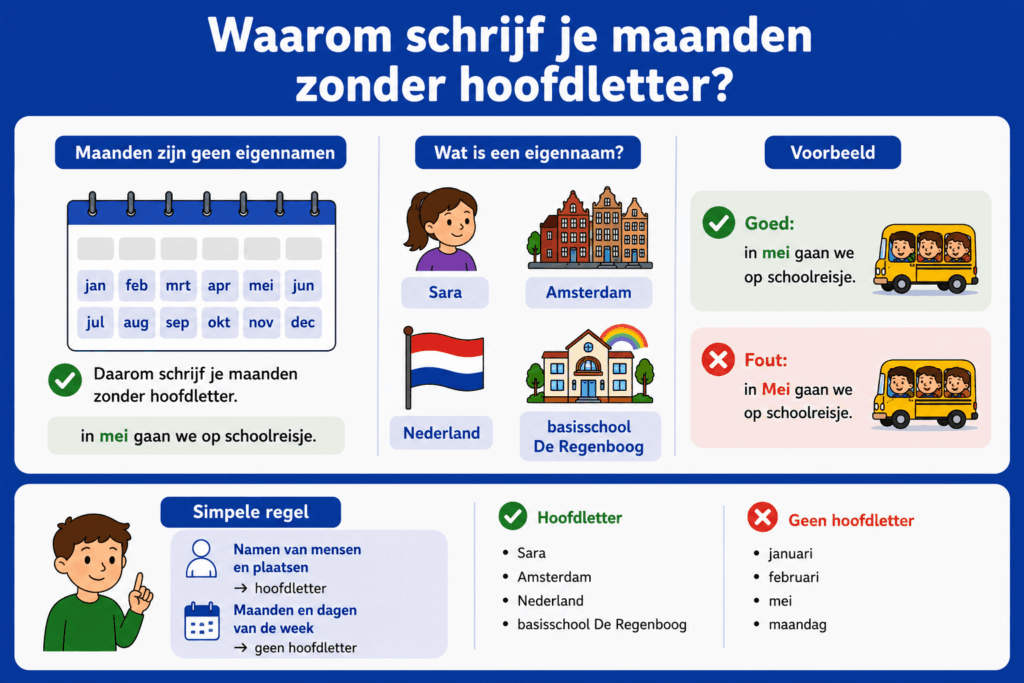 Eenvoudige educatieve illustratie die uitlegt waarom maandnamen in het Nederlands geen hoofdletter krijgen, met voorbeelden van eigennamen zoals Sara en Amsterdam en een vergelijking tussen “mei” en “Mei”.