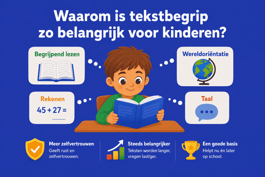 Illustratie van een kind dat een boek leest met symbolen voor begrijpend lezen, rekenen, taal en wereldoriëntatie om te laten zien waarom tekstbegrip belangrijk is voor kinderen.