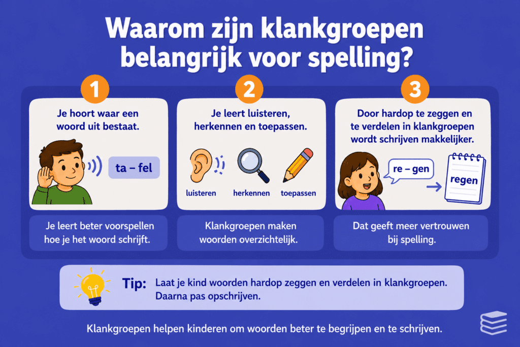 Eenvoudige educatieve illustratie die uitlegt hoe klankgroepen kinderen helpen bij spelling, met voorbeelden zoals “ta-fel” en “re-gen” om woorden beter te horen, herkennen en schrijven.