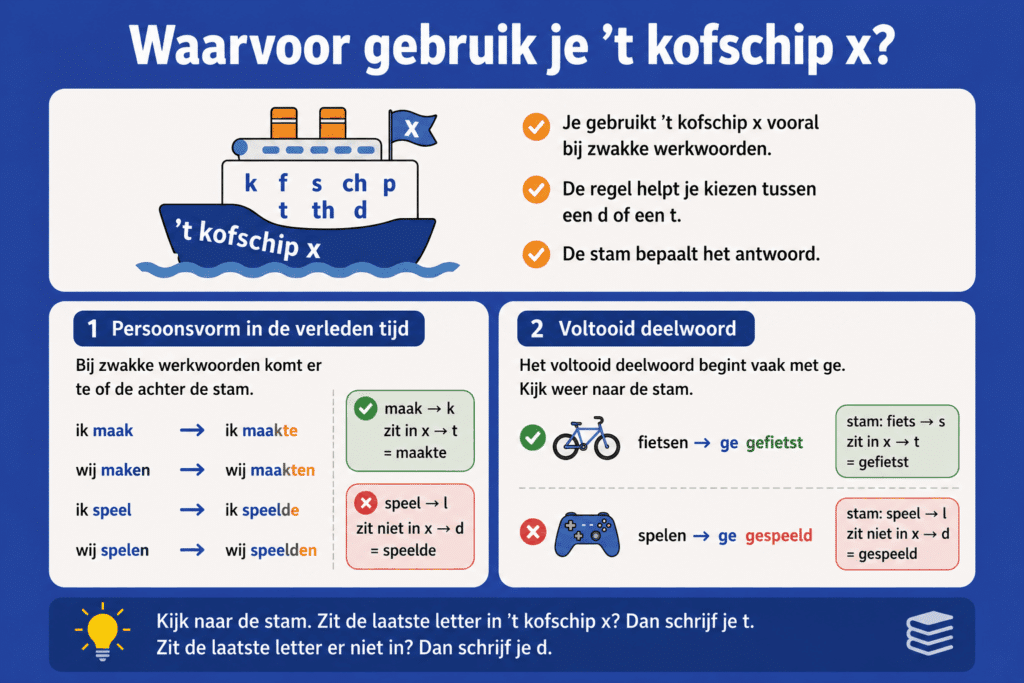 Educatieve illustratie over de spellingregel ’t kofschip x met voorbeelden van werkwoorden in de verleden tijd en voltooid deelwoord, zoals maakte, speelde, gefietst en gespeeld. De afbeelding laat zien hoe kinderen kiezen tussen een d of t op basis van de stam van het werkwoord.