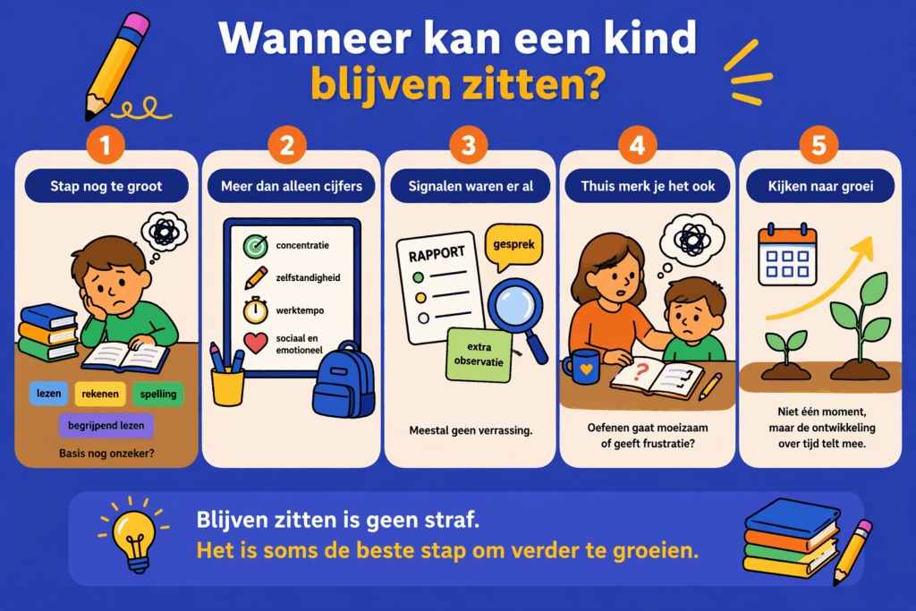 Infographic over wanneer een kind kan blijven zitten met visuele uitleg over leerproblemen, ontwikkeling, signalen vanuit school en groei over tijd
