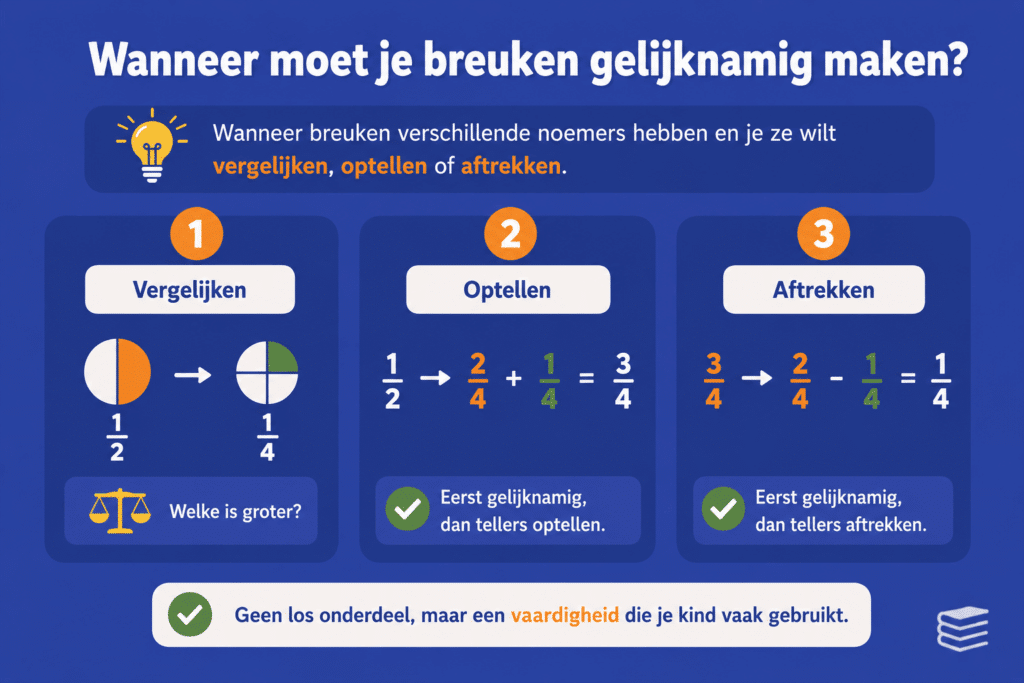 Eenvoudige educatieve illustratie over breuken gelijknamig maken met voorbeelden van breuken vergelijken, optellen en aftrekken. De afbeelding laat zien dat breuken eerst dezelfde noemer moeten krijgen voordat kinderen ermee kunnen rekenen.