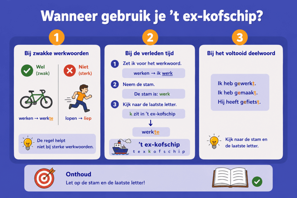 Eenvoudige educatieve illustratie die uitlegt wanneer kinderen ’t ex-kofschip gebruiken bij zwakke werkwoorden, met voorbeelden van verleden tijd en voltooid deelwoord zoals werkte en gewerkt.
