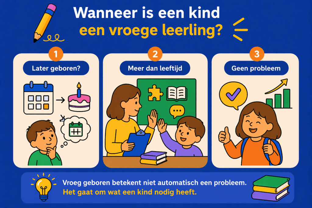 Infographic over wanneer een kind een vroege leerling is met uitleg over leeftijd, ontwikkeling en het belang van kijken naar wat een kind nodig heeft in plaats van alleen naar geboortedatum