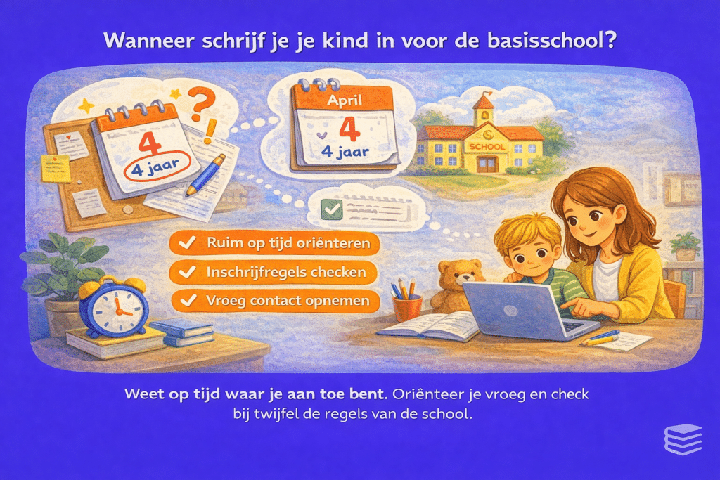 Illustratie over wanneer je je kind inschrijft voor de basisschool met aandacht voor aanmeldmoment, schoolregels en op tijd oriënteren.