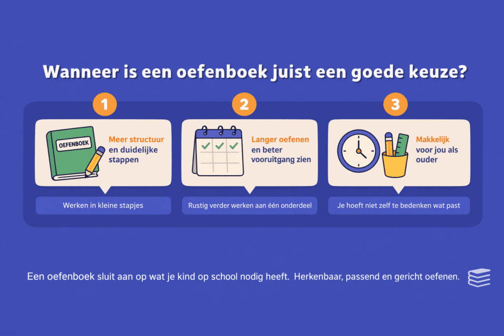 Infographic met drie stappen die laten zien wanneer een oefenboek geschikt is, met illustraties van structuur, herhaling en ondersteuning voor ouders en kinderen