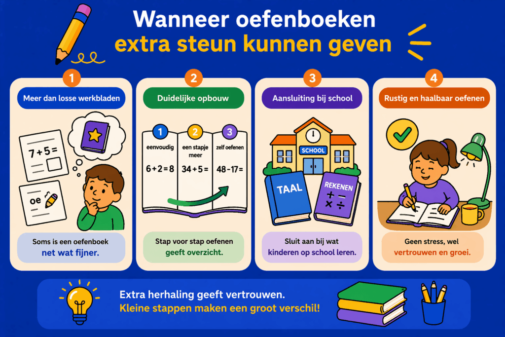 Infographic over wanneer oefenboeken helpen met duidelijke opbouw, herhaling en aansluiting bij school om kinderen stap voor stap te laten oefenen met meer vertrouwen