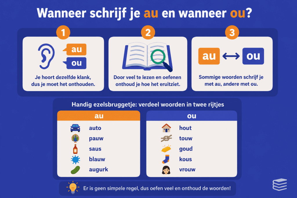 Infographic die uitlegt wanneer kinderen woorden met au of ou schrijven, inclusief handige voorbeeldwoorden en een ezelsbruggetje met woordrijtjes.