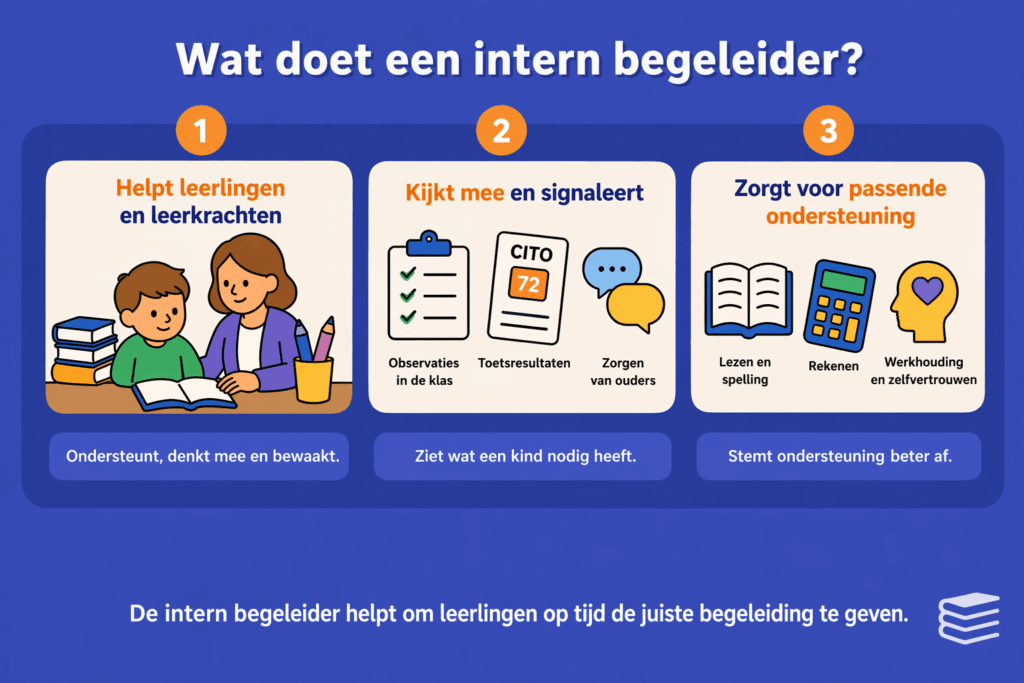 Infographic over wat een intern begeleider doet met uitleg over het ondersteunen van leerlingen en leerkrachten, signaleren van leerproblemen en het bieden van passende ondersteuning