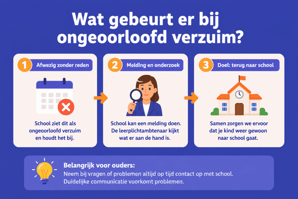 Duidelijke infographic over ongeoorloofd schoolverzuim met uitleg over afwezigheid zonder reden, een mogelijke melding bij de leerplichtambtenaar en het belang van contact met school.
