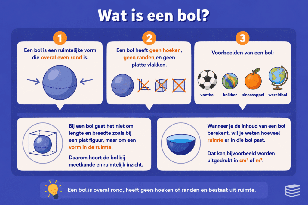 Eenvoudige educatieve illustratie die uitlegt wat een bol is, met voorbeelden zoals een voetbal, knikker, sinaasappel en wereldbol, en uitleg dat een bol geen hoeken, randen of platte vlakken heeft.