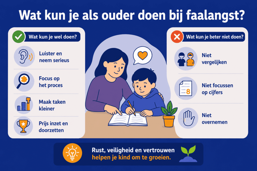 Educatieve illustratie met tips voor ouders om een kind met faalangst te helpen, zoals luisteren, kleine stapjes maken, focussen op inzet en vermijden van extra druk of vergelijken.