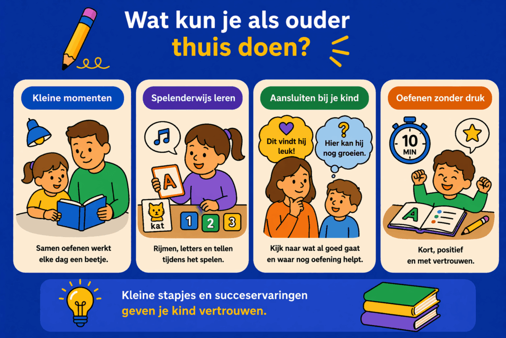 Infographic met tips voor ouders om thuis te oefenen met hun kind zoals korte oefenmomenten, spelenderwijs leren, aansluiten bij het kind en oefenen zonder druk voor meer zelfvertrouwen
