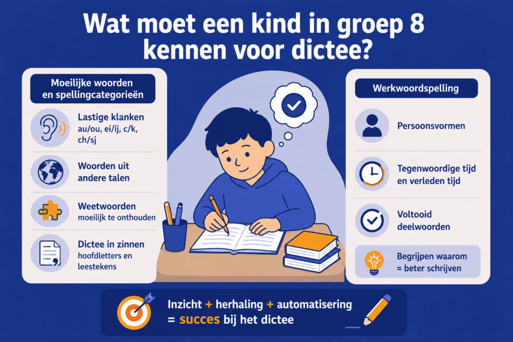 Educatieve illustratie over dictee in groep 8 met aandacht voor moeilijke woorden, spellingcategorieën, werkwoordspelling en oefenen met inzicht, herhaling en automatisering.