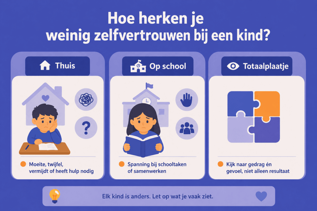 Infographic met eenvoudige illustraties die laten zien hoe je weinig zelfvertrouwen bij een kind herkent, thuis en op school, met signalen zoals twijfel, spanning en hulp nodig hebben