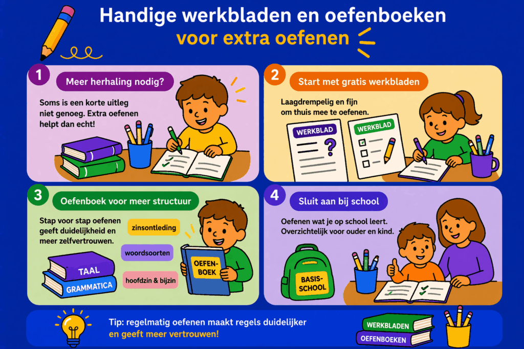 Infographic met werkbladen en oefenboeken die laten zien hoe kinderen thuis extra kunnen oefenen met taal en schoolvaardigheden, met focus op herhaling, structuur en zelfvertrouwen