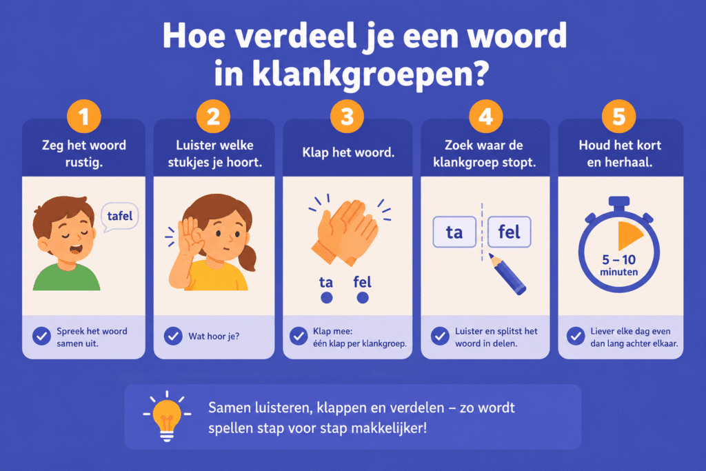 Stap voor stap infographic voor kinderen over het verdelen van woorden in klankgroepen met luisteren, klappen en voorbeelden zoals “ta fel” en oefentips voor thuis.