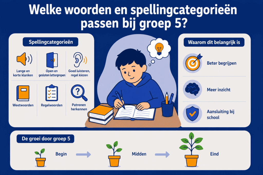 Educatieve illustratie over spellingcategorieën in groep 5 met aandacht voor lange en korte klanken, open en gesloten lettergrepen, weetwoorden, regelwoorden en groei gedurende het schooljaar.